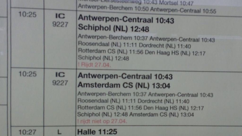 Trein naar Schiphol/Amsterdam, vertrekstaat Mechelen